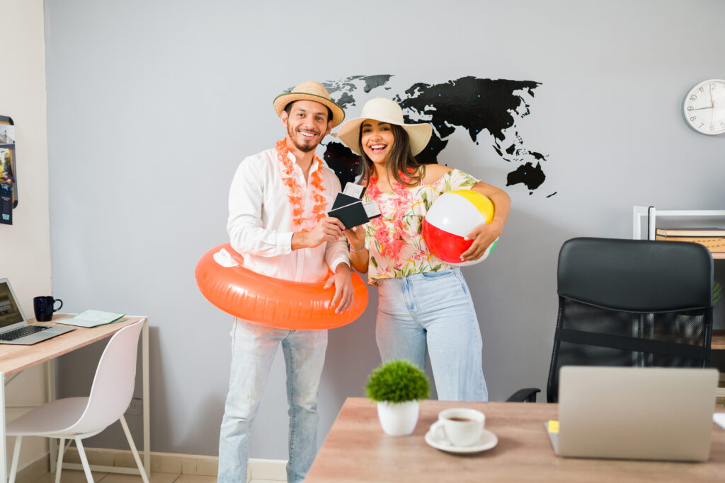 B2B Travel Agency:
Excited to go on our cruise trip. Hispanic beautiful couple with hawaiian clothing travel agency ready to go on a tropical vacation