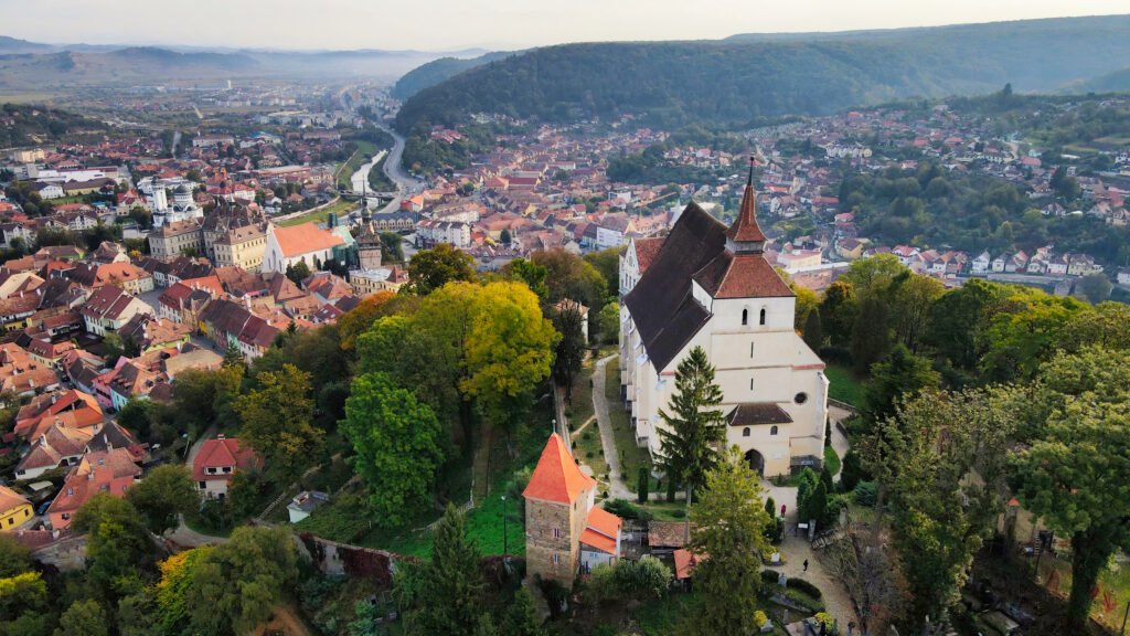 LAX to Europe: Aerial drone view of the Historic Centre of Sighisoara, Romania